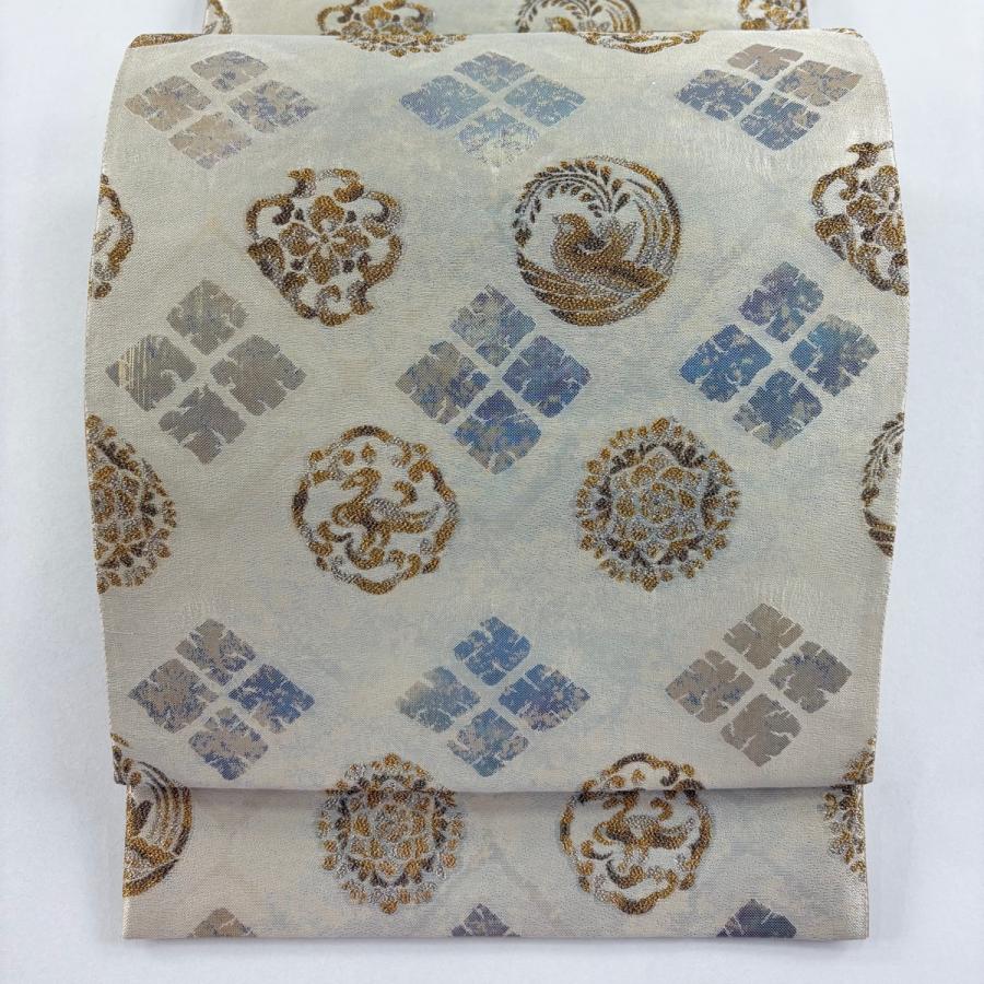美品 袋帯 秀品 利休 華文 鳥 箔 クリーム 六通 正絹 中古 : リユース