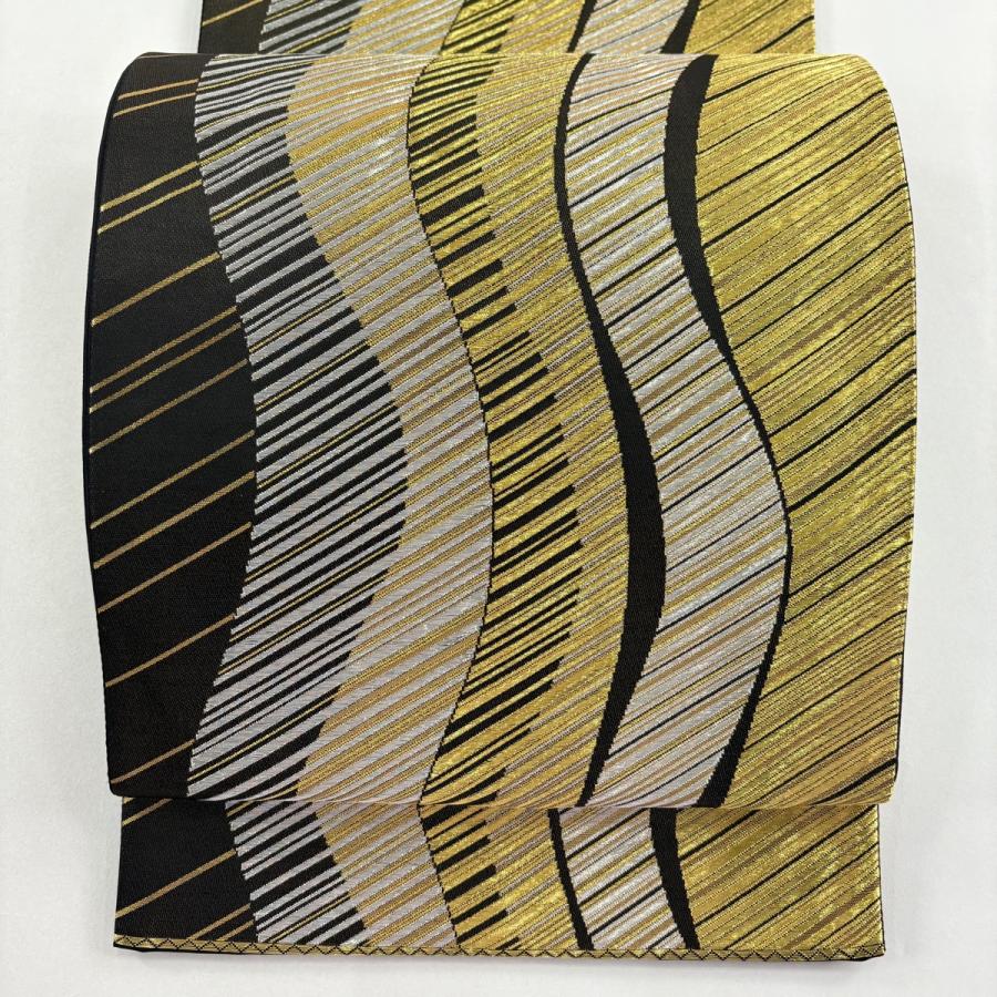 美品 袋帯 秀品 斜縞 よろけ縞 箔 金銀糸 金色 六通 正絹 中古