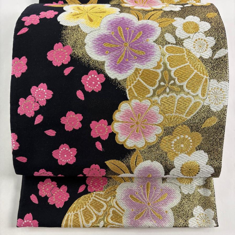美品 袋帯 秀品 桜 金銀糸 箔 黒 六通 正絹 中古 : リユースセレクト