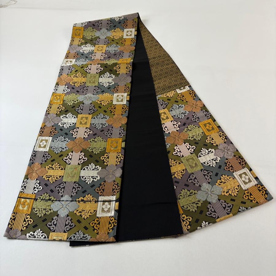 袋帯 秀品 花菱 花唐草 唐織 箔 黒 六通 正絹 中古 : リユースセレクト 