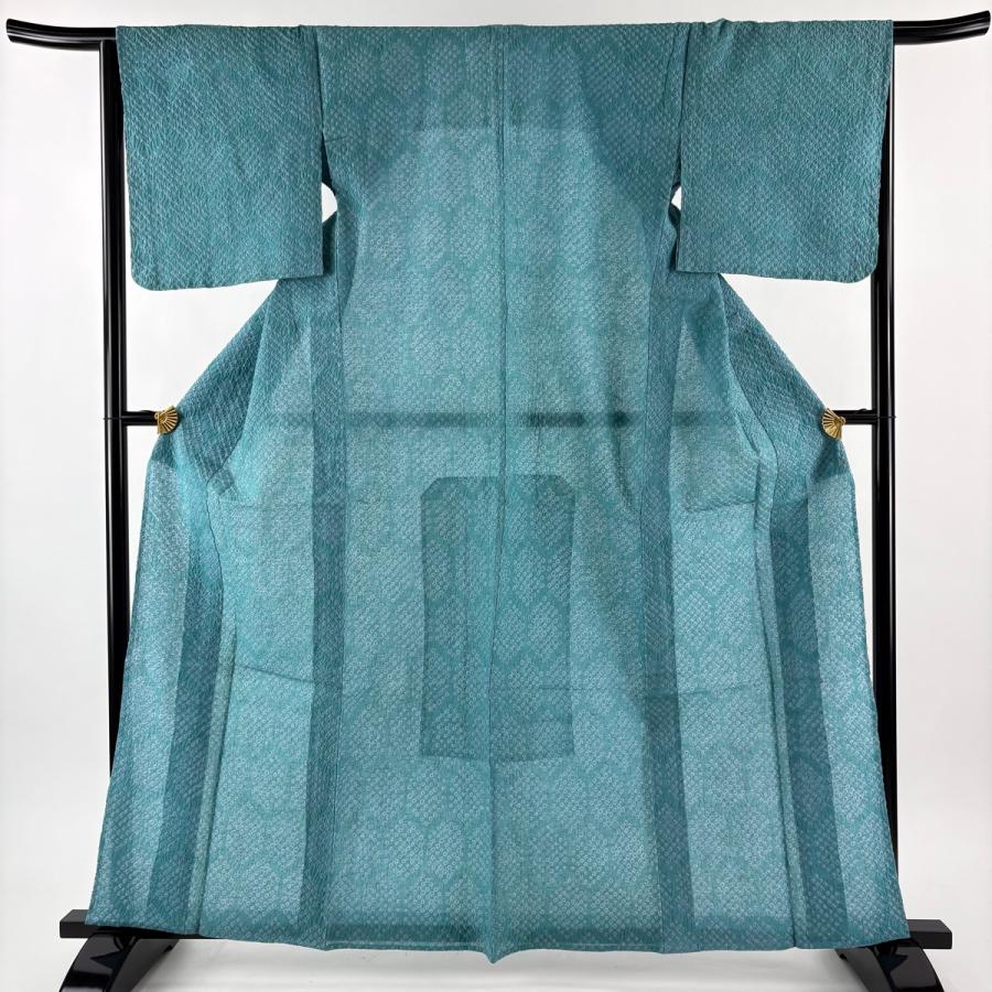 浴衣 身丈160cm 裄丈65.5cm M 亀甲 絞り浴衣 青緑 綿 名品 中古