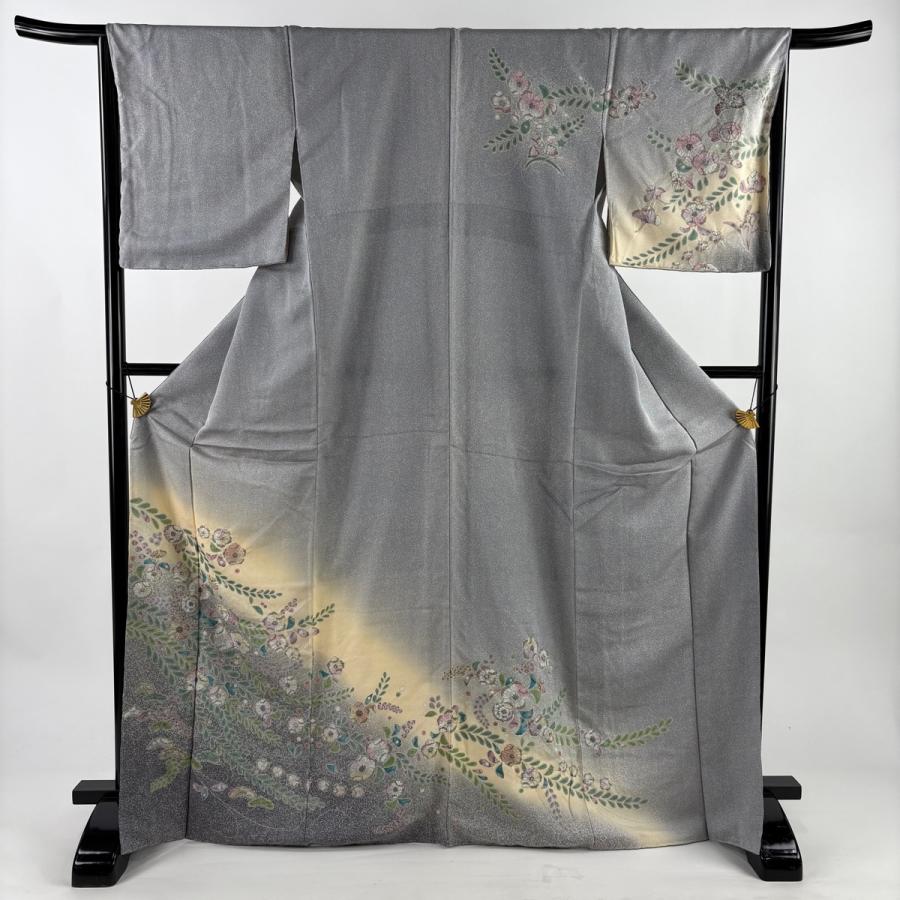 訪問着 身丈169cm 裄丈66cm M 袷 辻が花柄 金彩 ぼかし 灰色 正絹 名品
