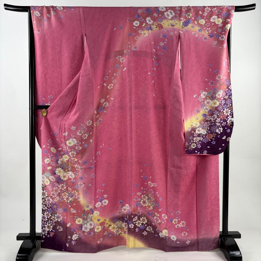振袖 身丈168cm 裄丈67cm M 袷 鈴 草花 金通し 金彩 ピンク 正絹 名品