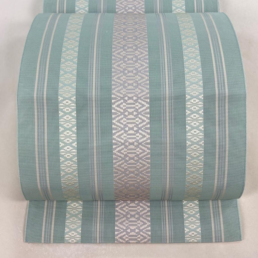 名古屋帯 名品 夏帯 八寸名古屋帯 縞 幾何学模様 水色 正絹 中古