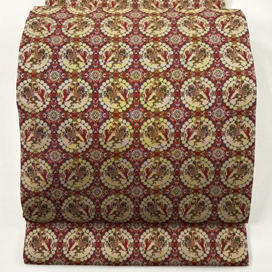 美品 開き名古屋帯 名品 龍村美術織物 獅子狩文錦 赤 正絹 中古