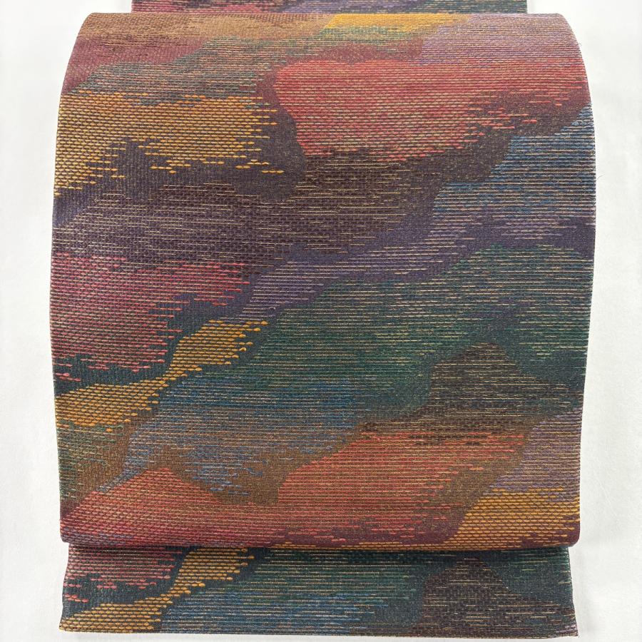 美品 袋帯 名品 都喜ヱ門 落款あり 虹彩 金通し 箔 赤茶 全通 正絹