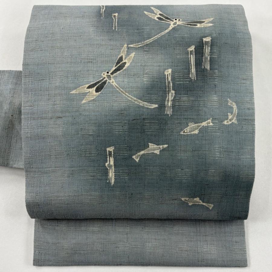 美品 名古屋帯 名品 夏帯 とんぼ 魚 灰緑 正絹 中古 : リユース