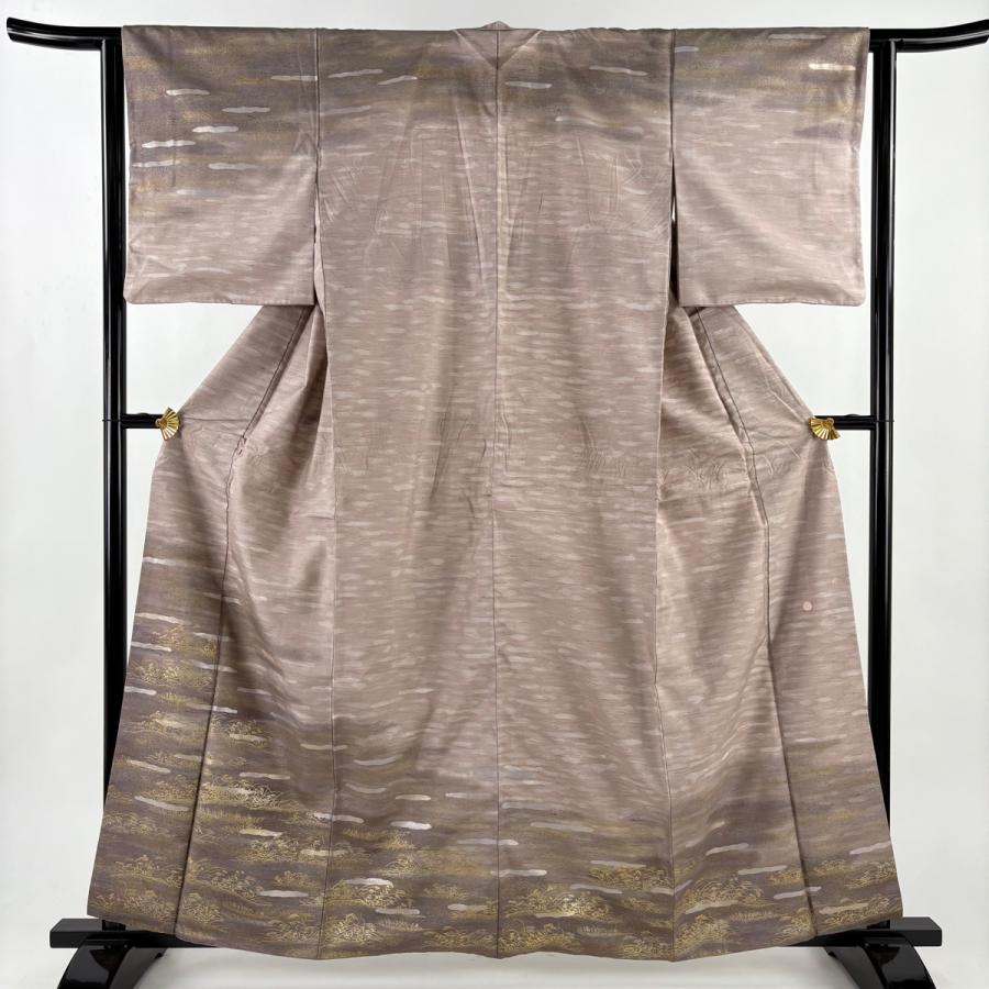 訪問着 身丈160cm 裄丈63cm S 袷 牛首紬地 落款あり 草花 霞 金銀彩