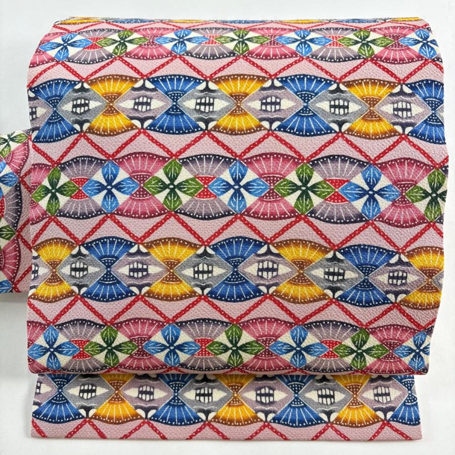 美品 名古屋帯 逸品 城間栄順 落款あり 草花 幾何学 琉球紅型 薄紫