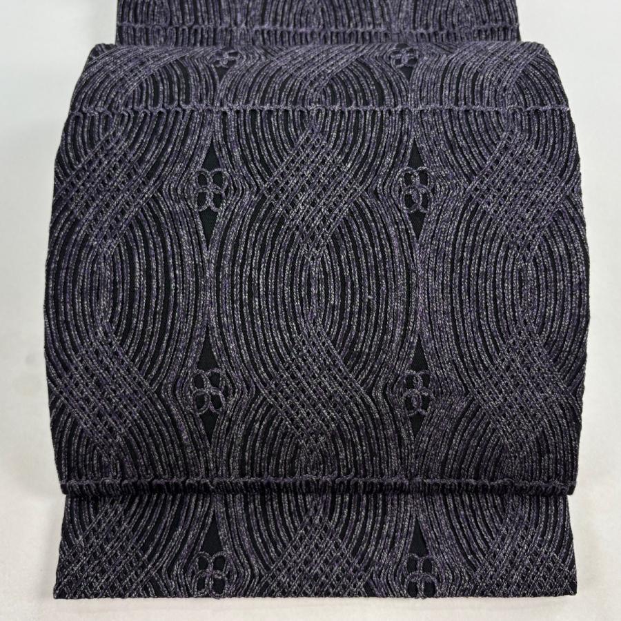 美品 袋帯 逸品 無月 落款あり 幾何学模様 紫 全通 正絹 中古