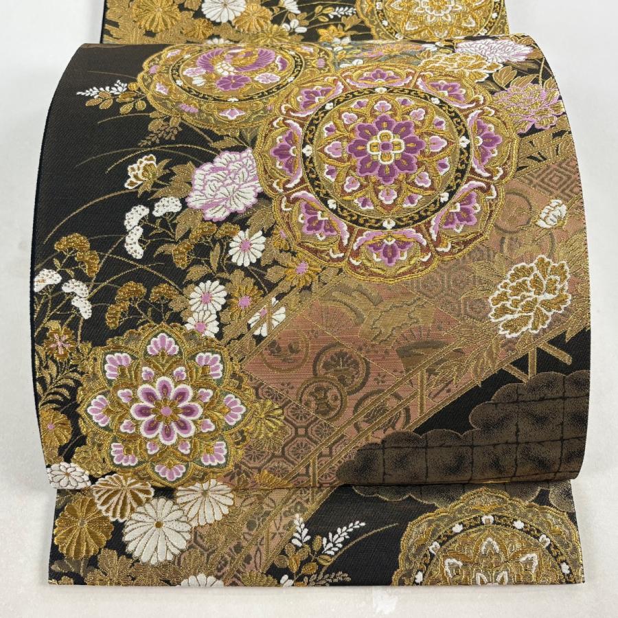 美品 袋帯 逸品 じゅらく 落款あり じゅらく帝王紫 鏡裏文 秋草文 金糸