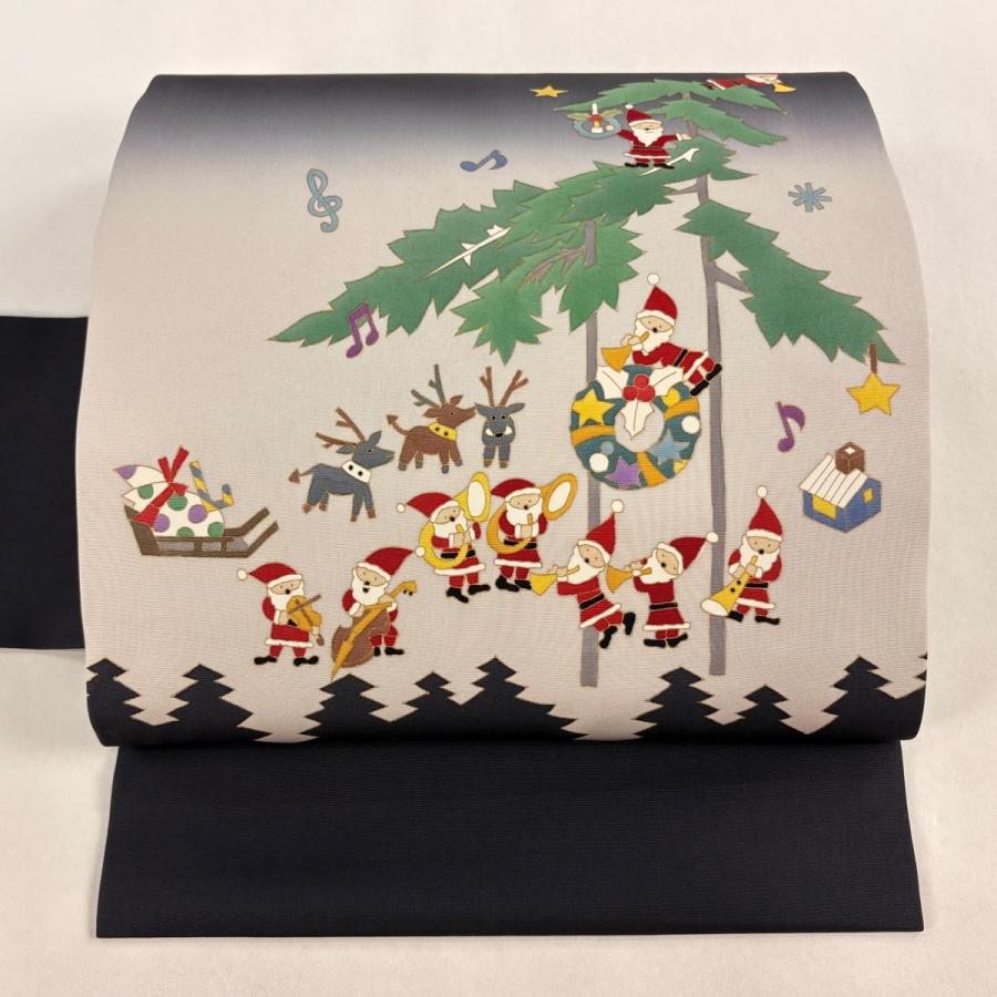 名古屋帯 逸品 サンタクロース トナカイ 金彩 濃紺 正絹 中古