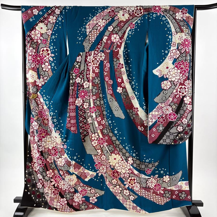 ロミナ✾m656＊美品 正絹 金駒刺繡 牡丹 桜 扇 振袖単品 振袖 身丈162cm 裄丈67cm M 袷 牡丹 桜 金銀糸 ラメ 青緑 正絹 名品