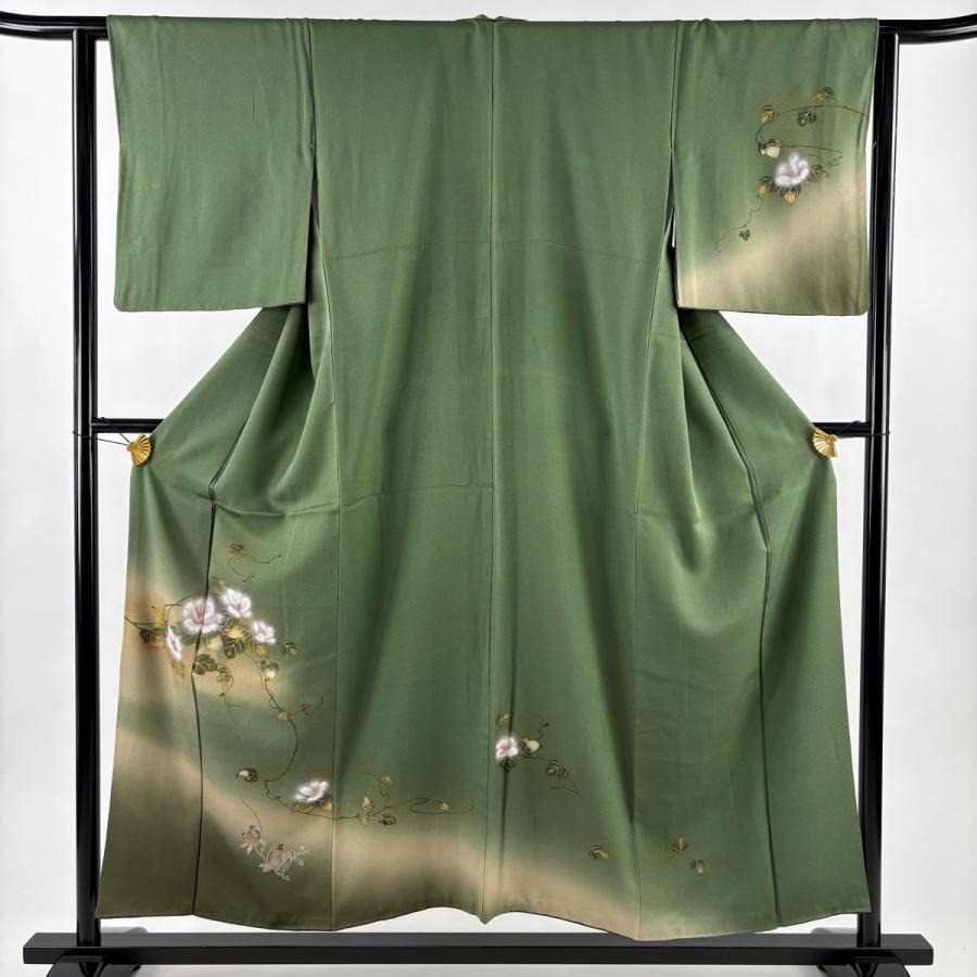 訪問着 身丈154cm 裄丈63cm S 袷 草花 柘榴 金彩 ぼかし よもぎ色 正絹