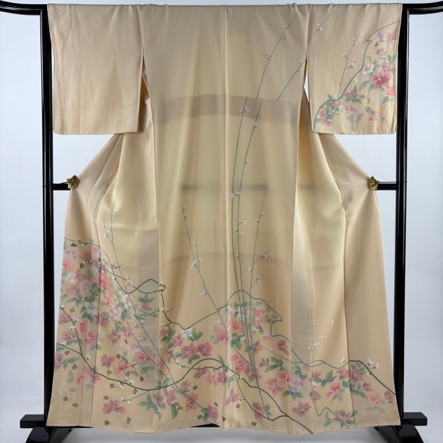 訪問着 身丈159.5cm 裄丈65cm M 袷 草花 金銀彩 薄オレンジ 正絹 秀品