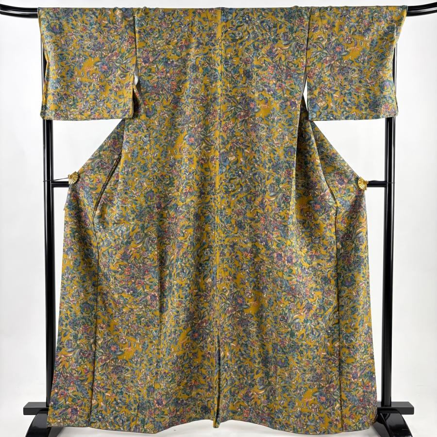 美品 小紋 身丈163cm 裄丈70cm L 袷 更紗 金彩 山吹茶色 正絹 秀品