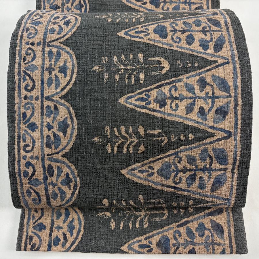 美品 袋帯 名品 草花 銀通し 深緑 全通 正絹 中古 : リユースセレクト