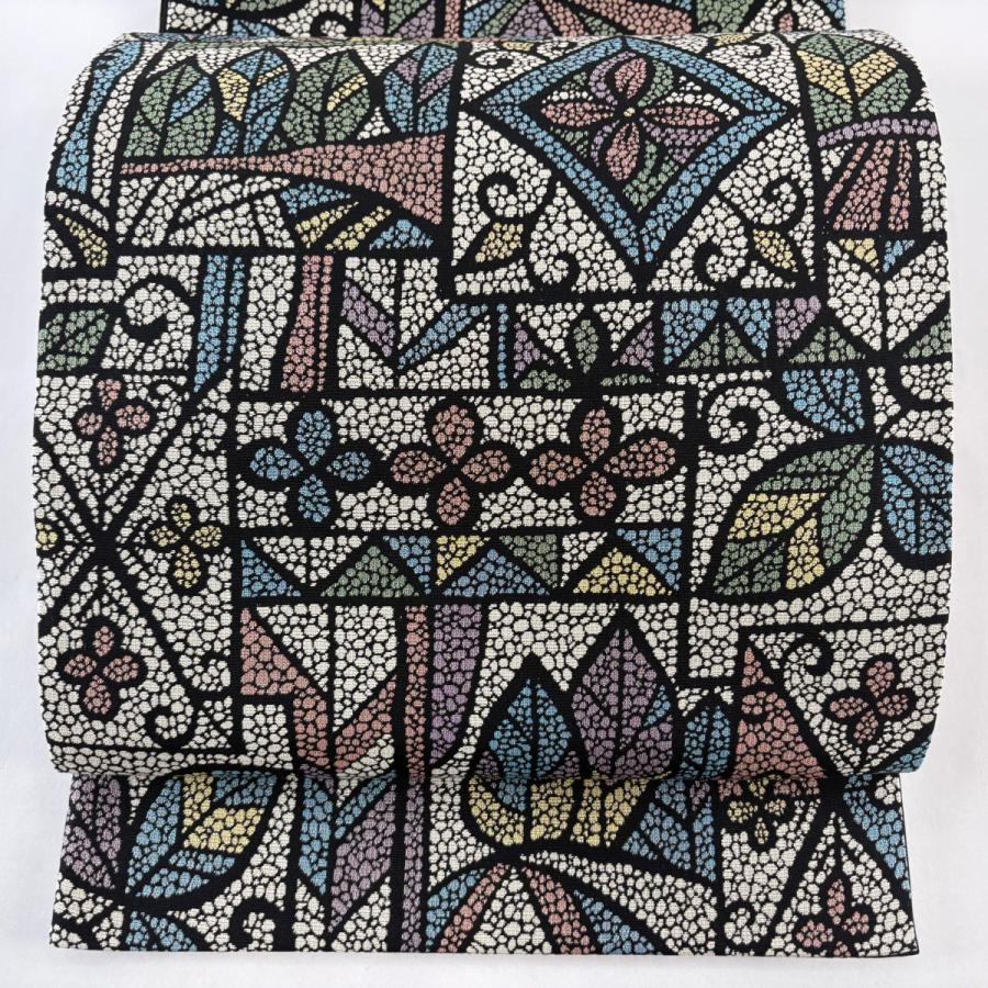 美品 袋帯 名品 草花 幾何学 クリーム 六通 正絹 中古 : リユース