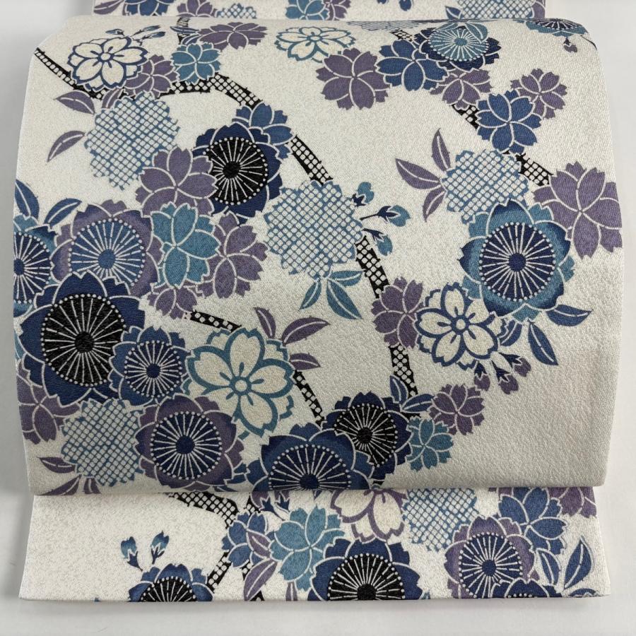 美品 袋帯 名品 桜 疋田 銀通し 灰白 全通 正絹 中古 : リユース