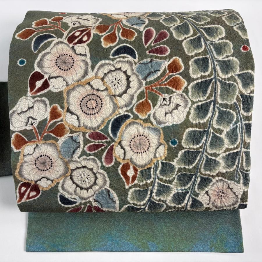 美品 名古屋帯 名品 落款あり 辻が花柄 金通し 絞り 鶯色 正絹 中古