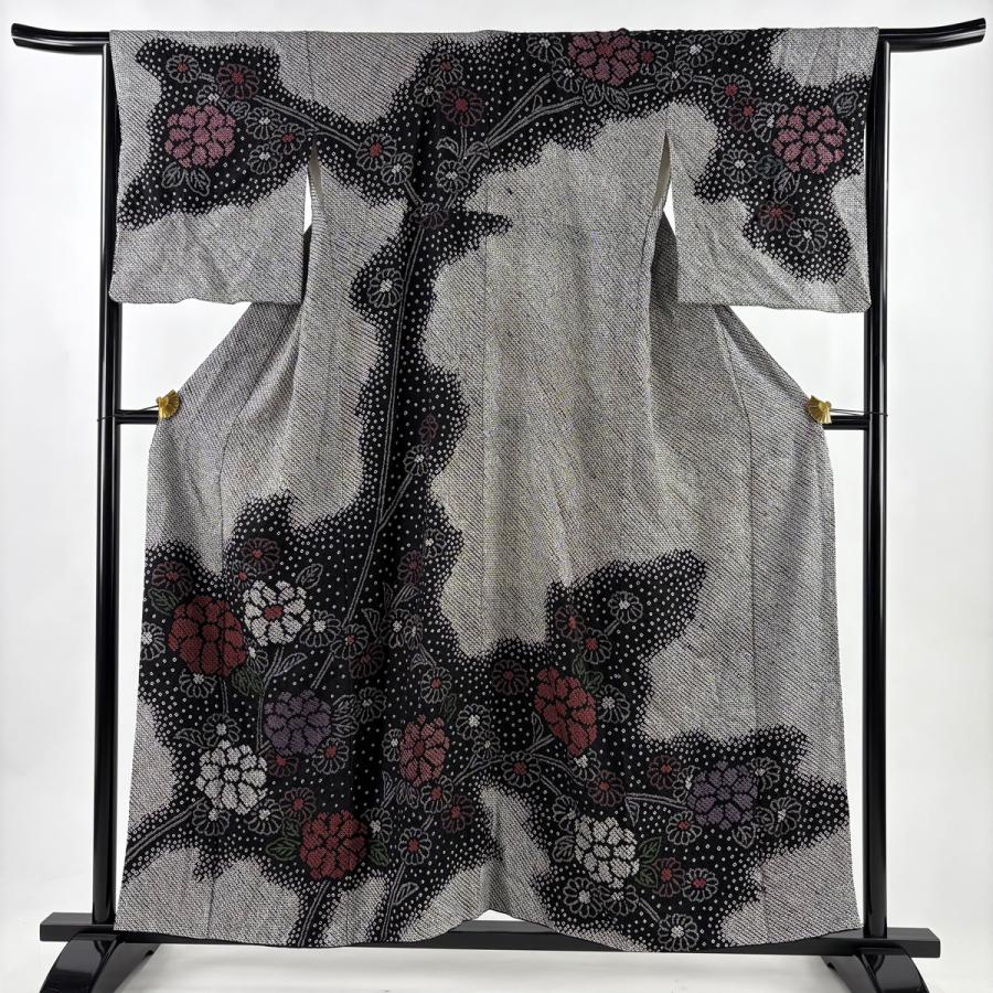訪問着 身丈155cm 裄丈65cm M 袷 菊 絞り 黒灰 正絹 秀品 中古