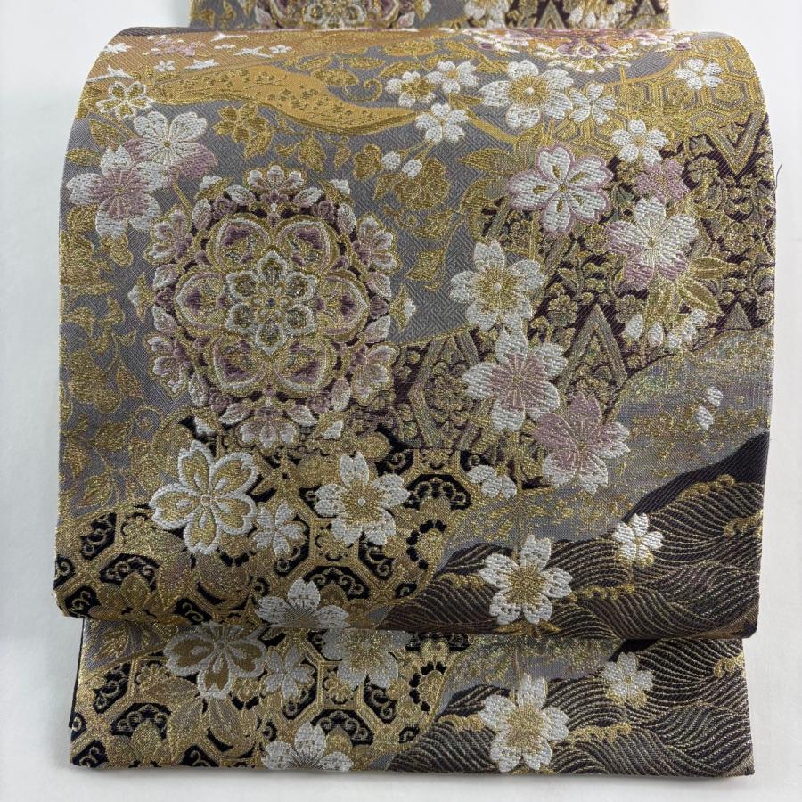 美品 袋帯 秀品 やまと 華文 桜 箔 金糸 灰色 六通 正絹 中古