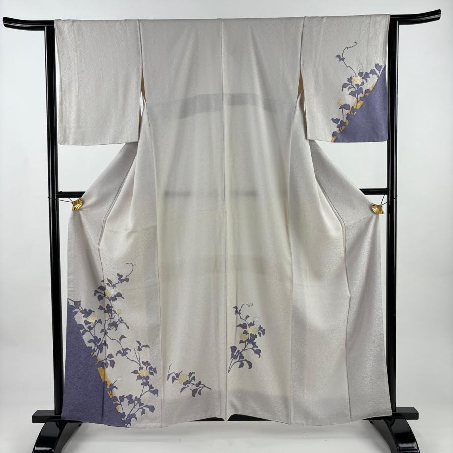 付下げ 身丈160cm 裄丈64.5cm M 袷 草花 シルエット 金彩 灰白 正絹 秀