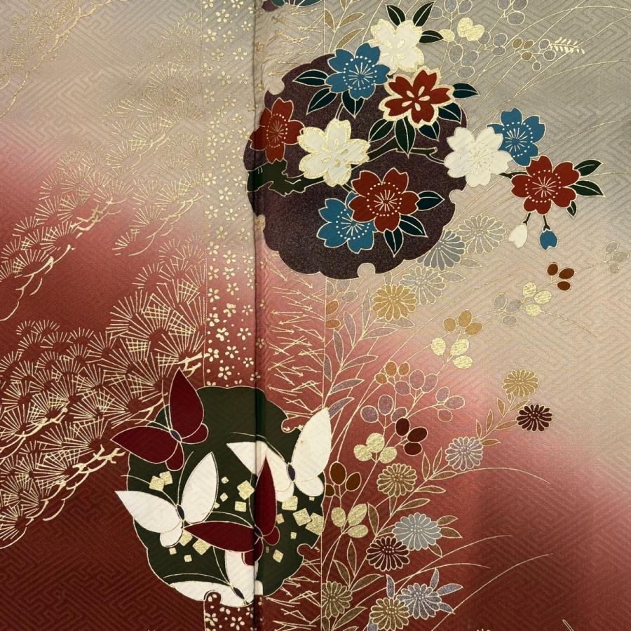 訪問着 身丈159cm 裄丈64cm M 袷 雪輪 花蝶 金彩 染め分け 灰緑 正絹