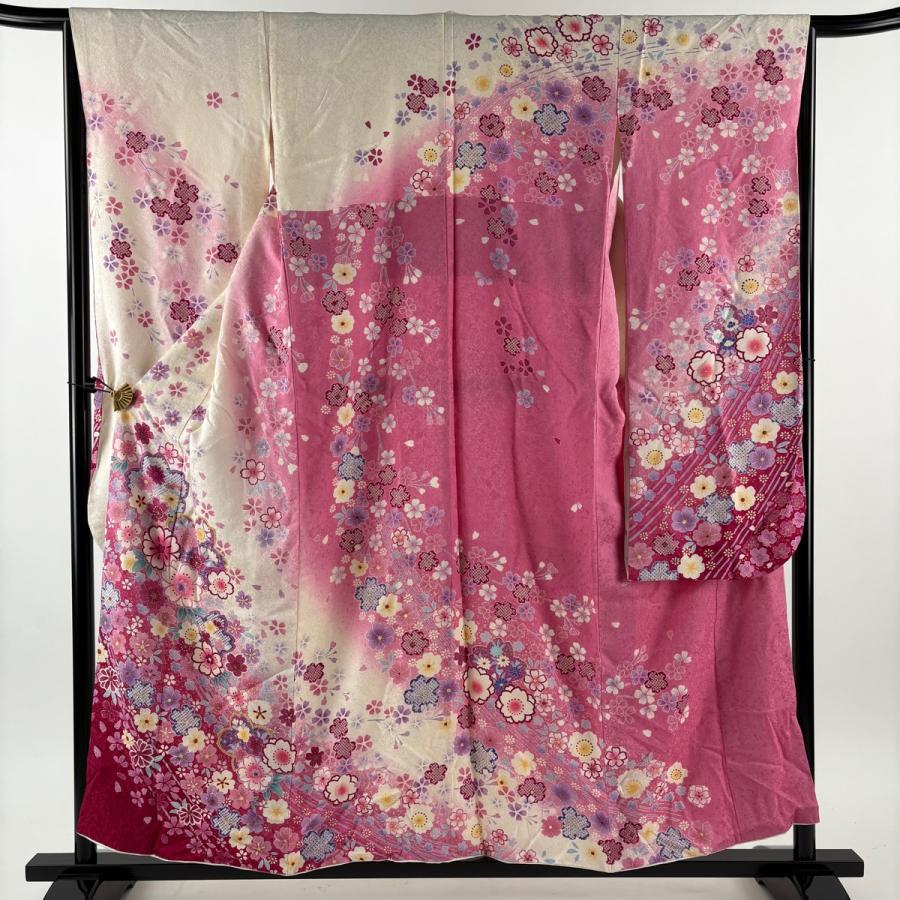 振袖 身丈157.5cm 裄丈64.5cm M 袷 桜 草花 ぼかし ピンク 正絹 名品