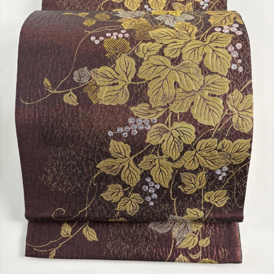 美品 袋帯 名品 葡萄 葉柄 箔 金糸 赤茶 六通 正絹 中古 : リユース