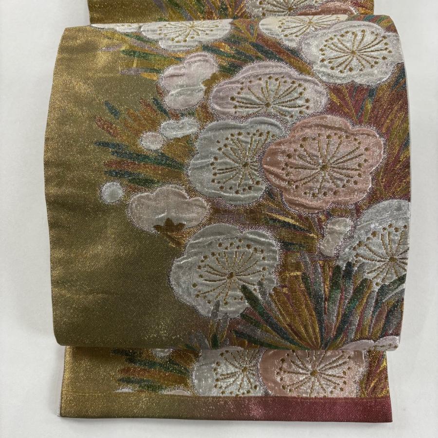 美品 袋帯 秀品 梅 若松 箔 金色 六通 正絹 中古 : リユースセレクト