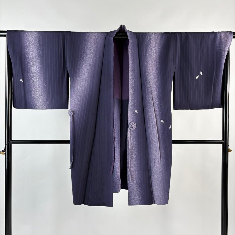美品 道中着 身丈99cm 裄丈68.5cm L 和装コート 花びら 縦縞 ぼかし 紫
