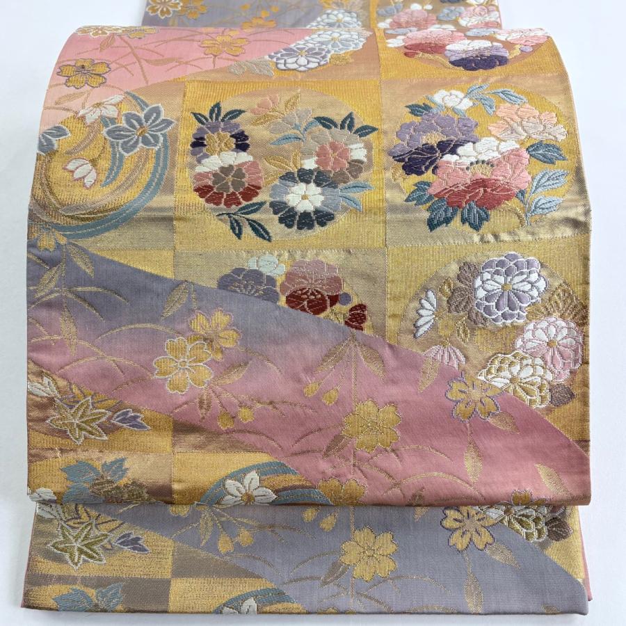 袋帯 秀品 花丸文 梅 唐織 箔 薄ピンク 六通 正絹 中古 : リユース