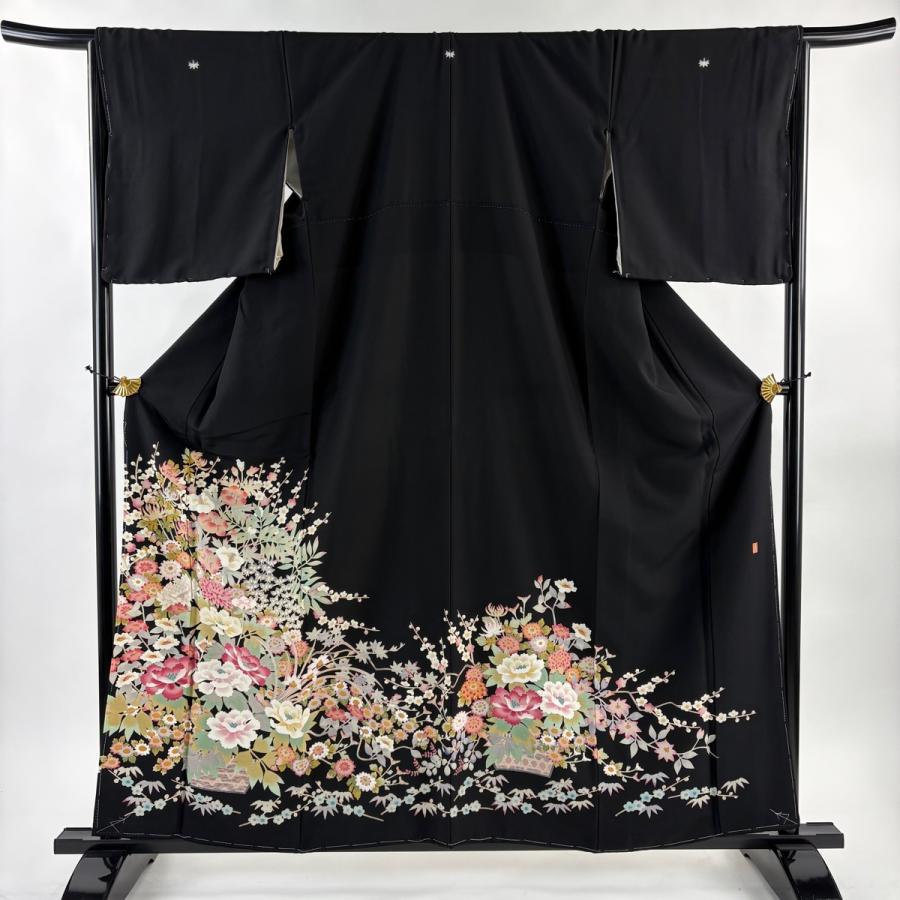 美品 黒留袖 身丈159cm 裄丈66cm M 袷 花籠 黒 正絹 名品 中古