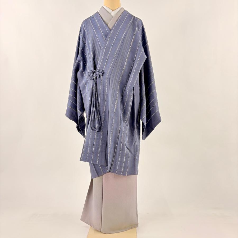 美品 道中着 身丈99.5cm 裄丈69cm L 和装コート 縦縞 花柄 絞り 灰紫