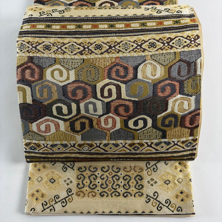 美品 袋帯 名品 落款あり 環美術織物 花 箔 黒 六通 正絹 中古 :