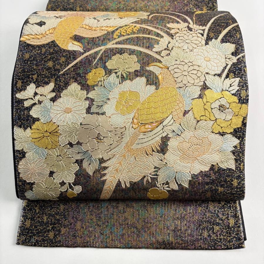 袋帯 名品 鳥 草花 金銀彩 螺鈿 黒 お太鼓柄 正絹 中古 : リユース