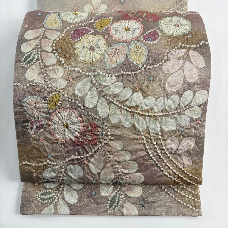 A 105袋帯　刺繍　辻ヶ花　落款あり　美品　正絹 美品 袋帯 名品 落款あり 辻が花 金糸 箔 灰茶 お太鼓柄 正絹 中古