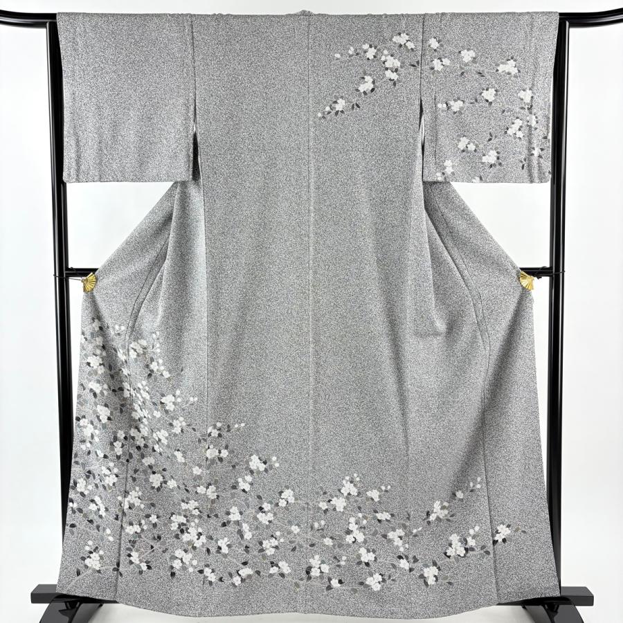 美品 訪問着 身丈161cm 裄丈64cm M 袷 椿 幾何学模様 灰色 正絹 秀品