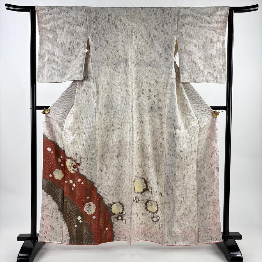 訪問着 身丈162cm 裄丈62cm S 袷 菊 雪輪 絞り 刺繍 クリーム 正絹 秀