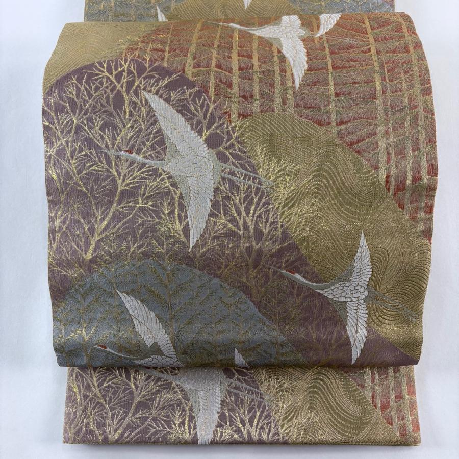 美品 袋帯 秀品 落款あり 藤三郎 鶴 山並み 箔 黄土色 六通 正絹 中古 