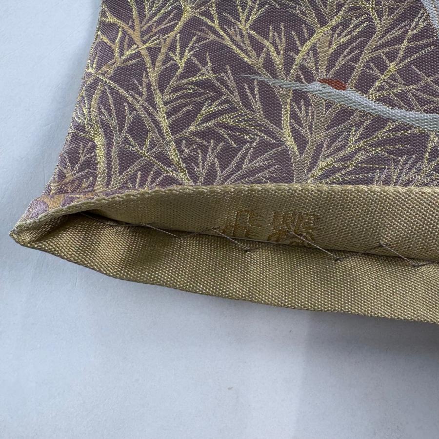 美品 袋帯 秀品 落款あり 藤三郎 鶴 山並み 箔 黄土色 六通 正絹 中古 