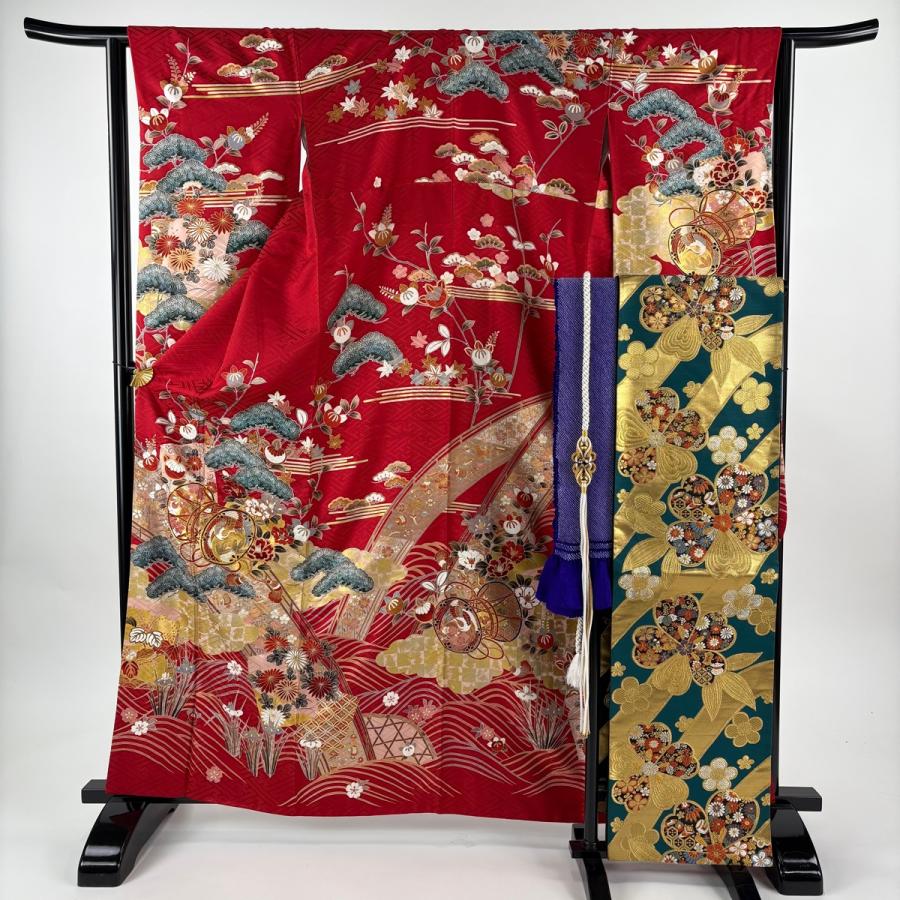 振袖フルセット 裄69.2cm 身丈163cm 辛子色正絹 L サイズ 2745 美品 振袖 身丈163cm 裄丈62.5cm S 袷 袋帯フルセット 鼓 松 金糸 金彩