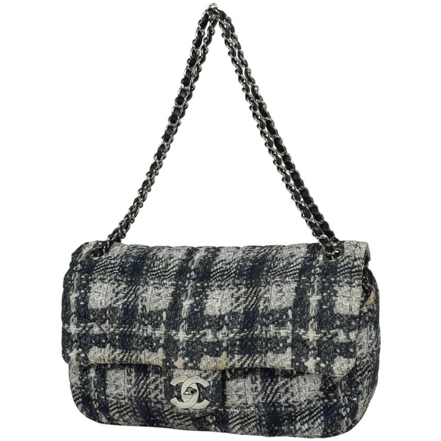 シャネル ココマーク チェーン ショルダーバッグ ブラック ホワイト ツイード レザー レディース CHANEL 【中古】 CHANEL（シャネル） ココマーク チェーン ショルダーバッグ Wチェーン