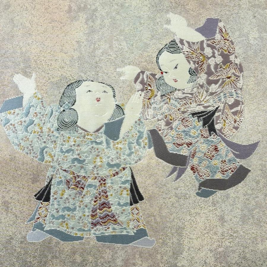 袋帯 逸品 由水十久監修 落款あり 童 箔 金彩 薄紫 お太鼓柄 正絹 中古 