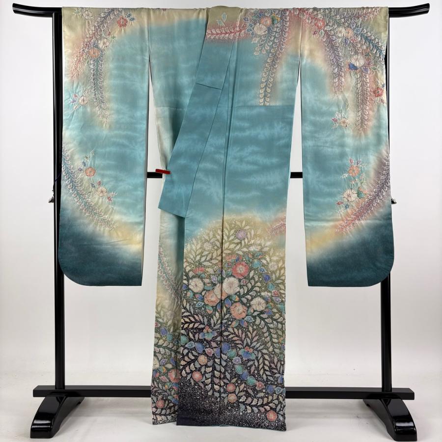振袖 身丈163.5cm 裄丈65cm M 袷 辻が花柄 銀通し ぼかし 藍色 正絹