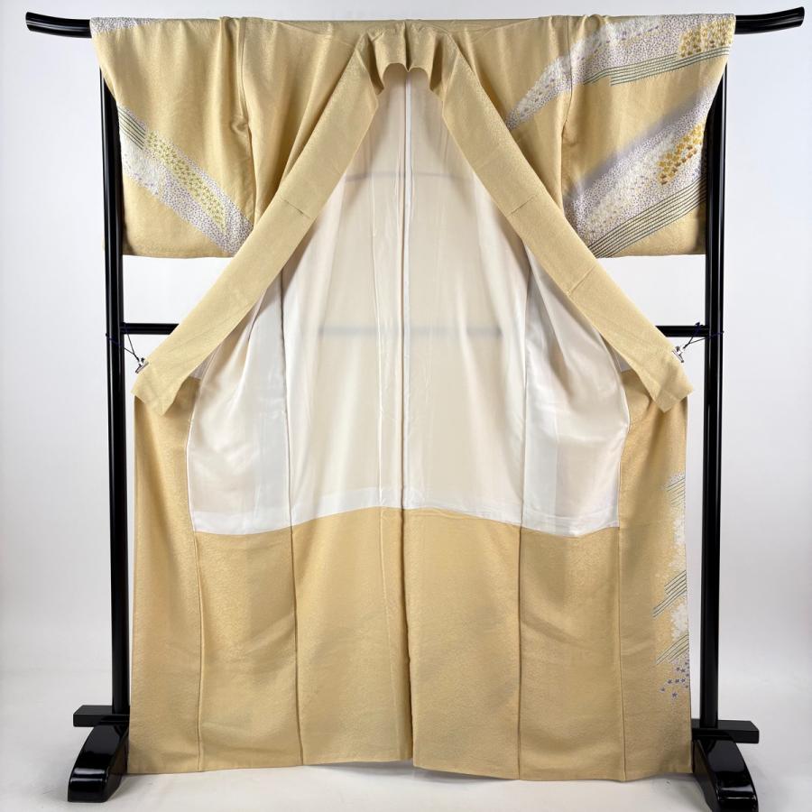 美品 訪問着 身丈168.5cm 裄丈70cm L 袷 桜楓 斜縞 銀通し 絞り 薄黄 正絹 逸品 中古_2