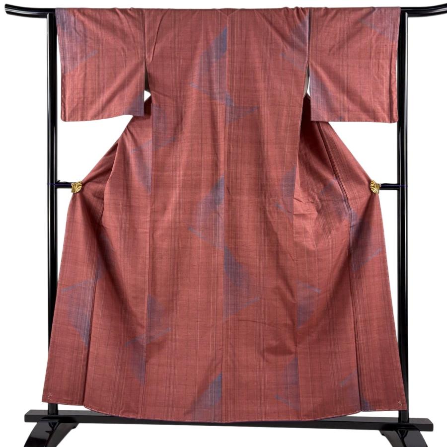 紬 身丈157cm 裄丈64cm M 袷 やまと 縞 幾何学 赤茶 正絹 優品 中古
