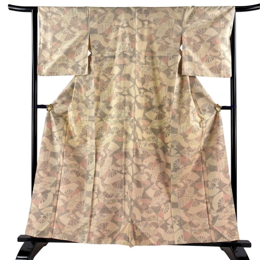 美品 紬 身丈159cm 裄丈64.5cm M 袷 扇 草花 薄オレンジ 正絹 優品