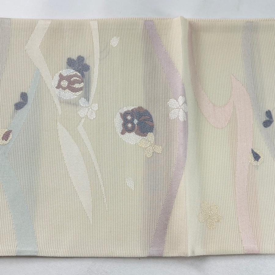 袋帯 逸品 夏帯 絽 ミミズク 桜 クリーム 六通 正絹 中古 : リユース